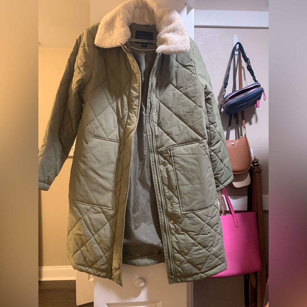 Sanctuary Olive Quilted Puffer Coat with Shearling Collar